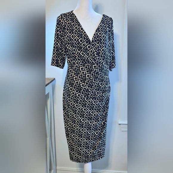 Lauren Ralph Lauren Dresses & Skirts - Lauren Ralph Lauren Black & White Faux Ruching Midi Wrap Dress Women's Size 14
